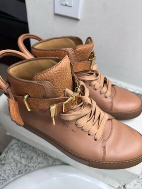 Buscemi Tan Leather Lace-Up High-Top Sneakers with Gold Hardware